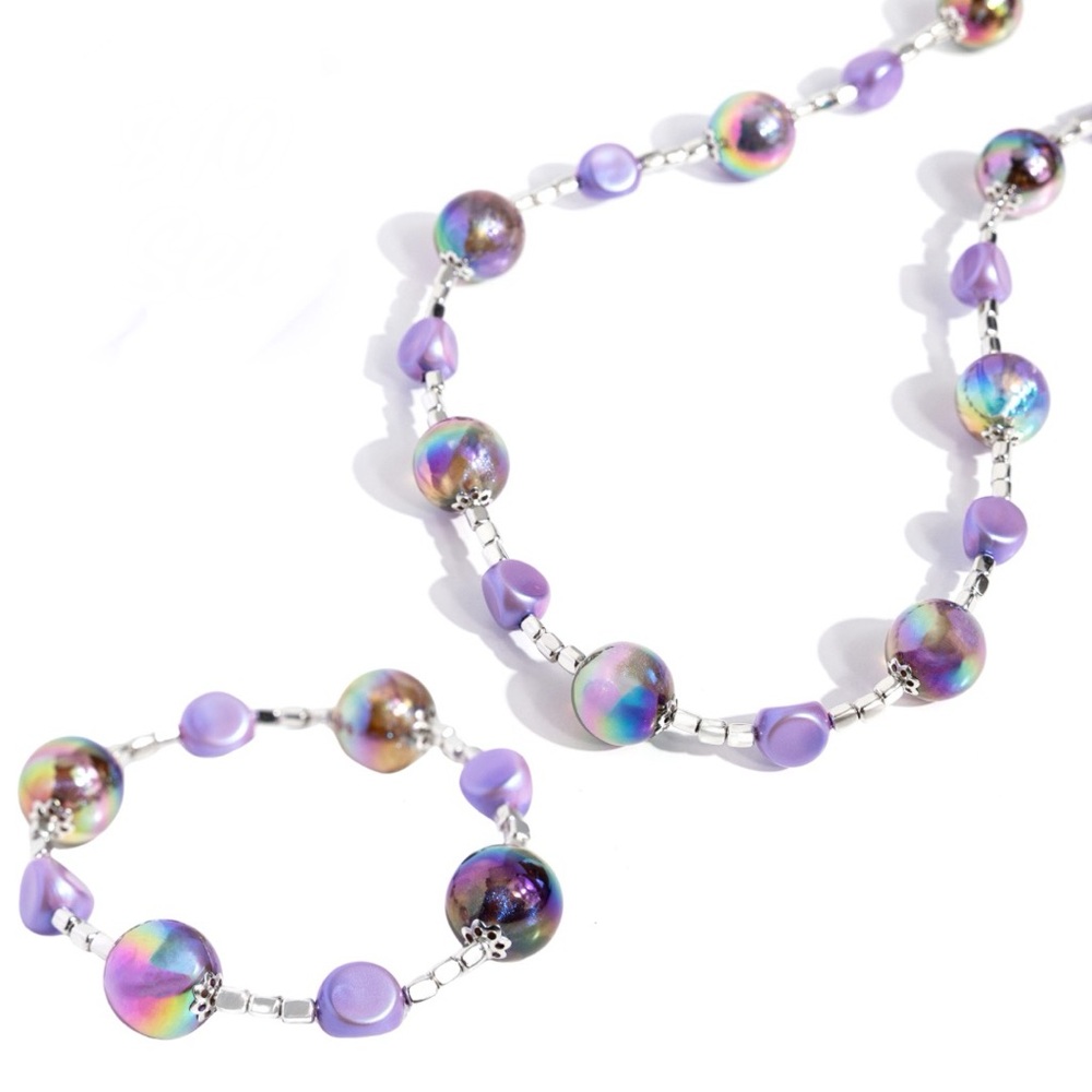 Purple Oil Spill Iridescent Necklace & Bracelet Set